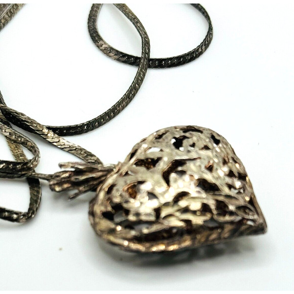 Antique STERLING Estate Hand Etched Open Filigree Rose Puff Heart Pendant/Neck - Picture 3 of 4